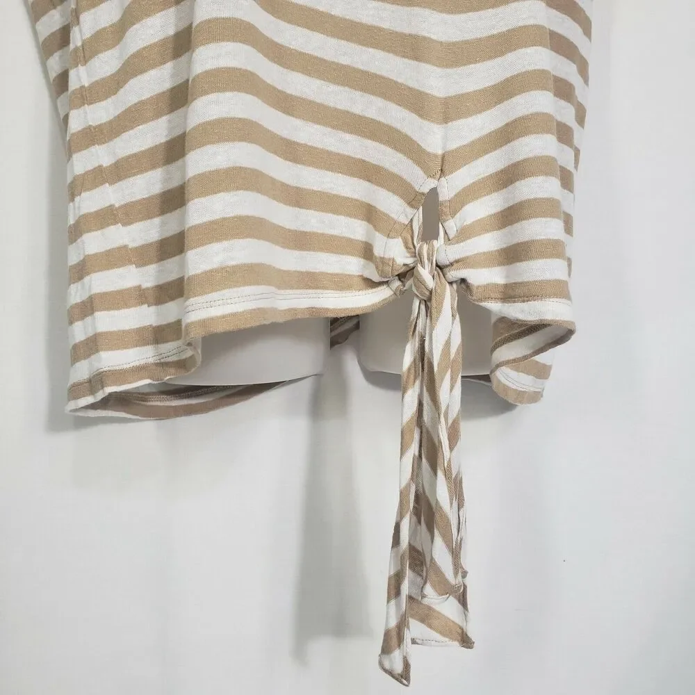 Michael Kors Women's Top Large Striped Linen Blend Beige Front Tie Short Sleeve